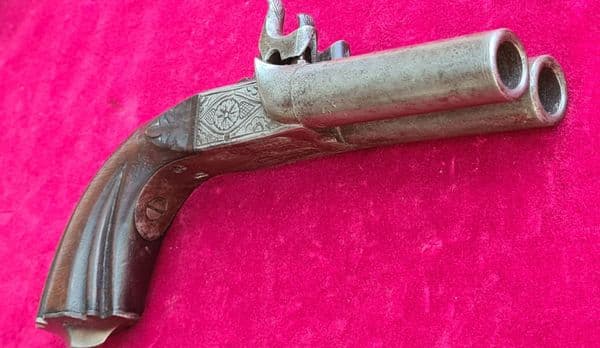 A scarce continental double barrelled approx .50 cal percussion pistol. Circa 1845-1855. Ref 3816.